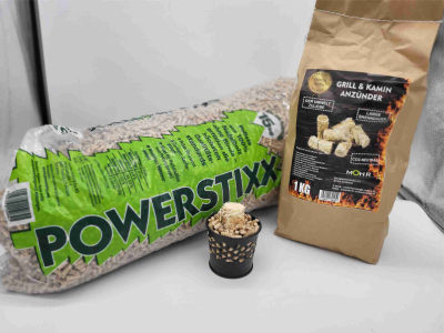 Anzündpaket Anzündkorb + 1kg Premium Holzwolleanzünder + 15Kg Holzpellets